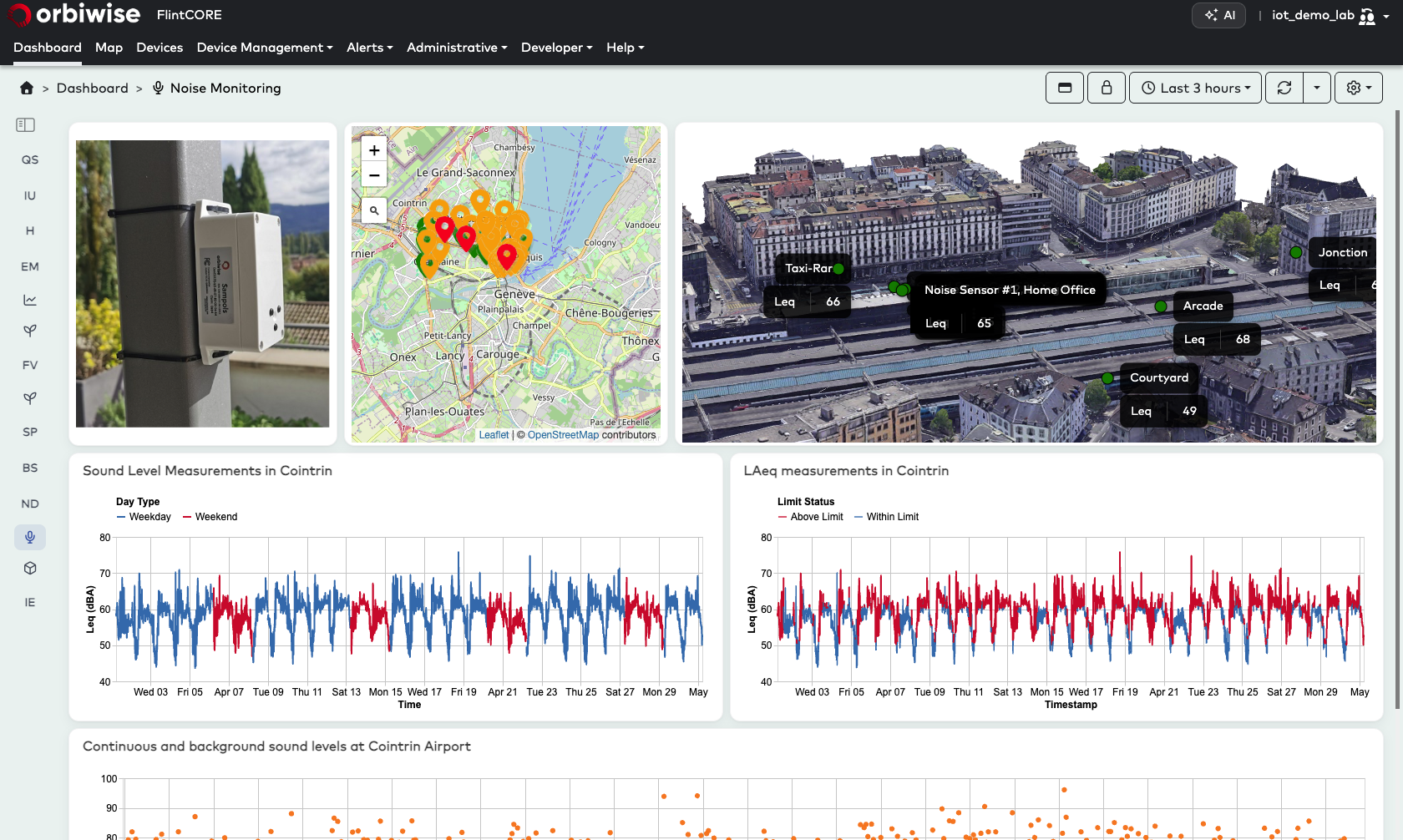 Noise monitoring dashboard with sound level heatmaps and live charts